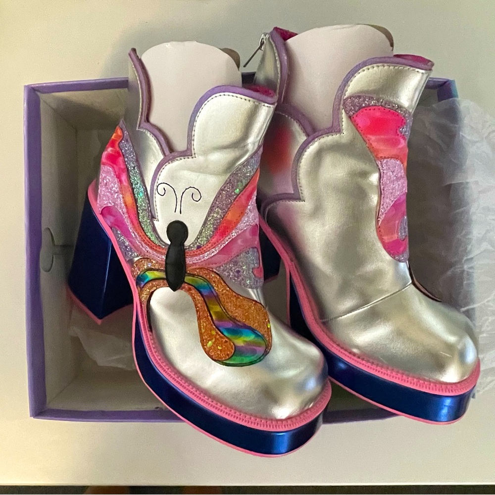 RARE. Irregular Choice Moovin and Groovin Silver Sequin Butterfly Booties - 41